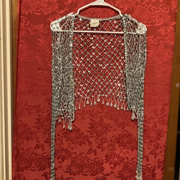 Silver Fish Net Sequence Long Dress With Jacket! 100 % Rayon - Picture 3 of 4